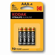Батарейки алкалиновые 'мизинчиковые' КОМПЛЕКТ 4 шт., KODAK Xtralife Alkaline, ААА (LR03,15А), блистер, Б0014329
