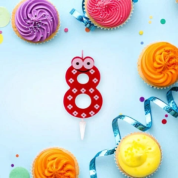 Свеча-цифра для торта '8' 'С глазками', 6 см, ЗОЛОТАЯ СКАЗКА, с держателем, в блистере, 591411