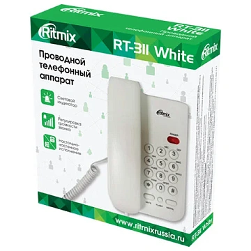 Телефон RITMIX RT-311 white, световая индикация звонка, тональный / импульсный режим, повтор, белый, 80002232