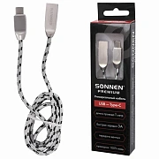 Кабель USB 2.0-Type-C, 1 м, SONNEN Premium, медь, передача данных и быстрая зарядка, 513127