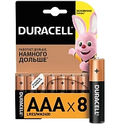 Батарейки КОМПЛЕКТ 8 шт., DURACELL Basic ОРИГИНАЛ, AAA (LR03, 24А), алкалиновые, мизинчиковые, C0037