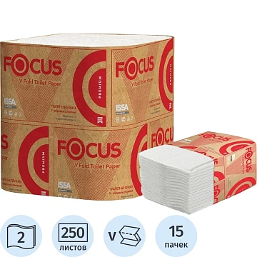 Бумага туалетная листовая FOCUS 2 сл белая V сложения 250 листов арт. 5083735