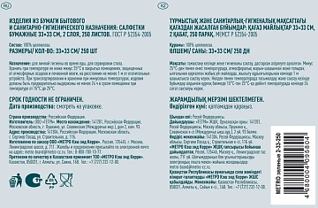 Салфетки бумажные Metro Professional 33x33см, 250шт, 2 слоя, зеленые
