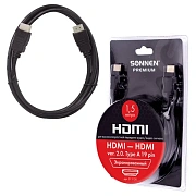 Кабель HDMI AM-AM, 1,5 м, SONNEN Premium, ver 2.0, FullHD, 4К, UltraHD, для ноутбука, компьютера, мо