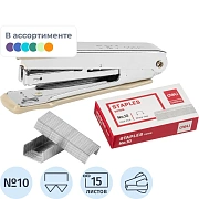Степлер Deli PRO N10 до 15 лис.,антистеп,+ скобы (1000 шт),блистер, ассорти