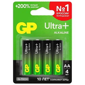 Батарейка Gp Ultra Plus AA LR06, 1.5В, алкалиновая, 4шт/уп
