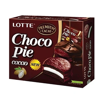 Печенье LOTTE 'Choco Pie Cacao' ('Чоко Пай Какао'), глазированное, картонная упаковка, 336 г, 12 шт.