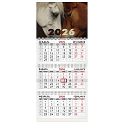 Календарь квартальный на 2026 г., 3 блока, 3 гребня, бегунок, мелованная бумага, BRAUBERG, 'Лошади'