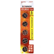 Батарейки литиевые SONNEN Lithium CR2032 'таблетки, дисковые, кнопочные' КОМПЛЕКТ 5 шт., блистер, 455504