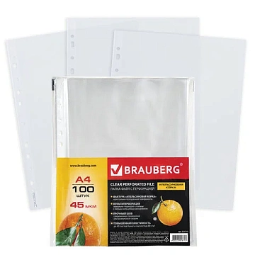 Папки-файлы перфорированные А4 BRAUBERG 'PREMIUM', КОМПЛЕКТ 100 шт., матовые, 45 мкм, 221713