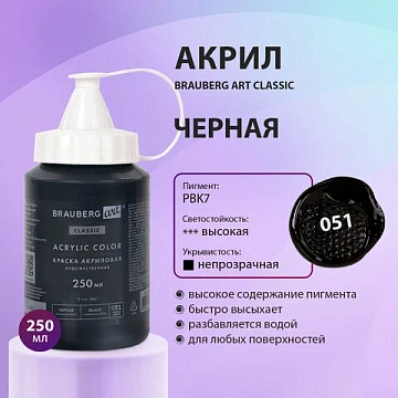 Краска акриловая художественная BRAUBERG ART CLASSIC, флакон 250 мл, ЧЕРНАЯ, 191706