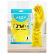 Перчатки резиновые хозяйственные Vega, многоразовые, хлопчатобумажное напыление, р. L, желтые, пакет