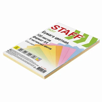 Бумага цветная STAFF 'Profit', А4, 80 г/м2, 100 л. (5 цв. х 20 л.), пастель, для офиса и дома, 11088