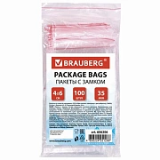 Пакеты с замком ZIP LOCK 'зиплок', комплект 100 шт., 40х60 мм, ПВД, толщина 35 микрон, BRAUBERG, 606206