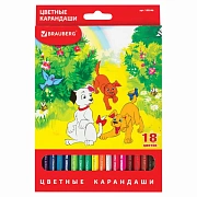Карандаши цветные BRAUBERG 'My lovely dogs', 18 цветов, шестигранные, грифель 3 мм, натуральное дерево, 180546
