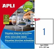 Этикетки APLI, А4, 210х297, 1шт/л, 100л, прямоуг., белые