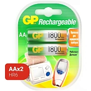 Батарейки аккумуляторные Ni-Mh пальчиковые КОМПЛЕКТ 2 шт., АА (HR6) 1800 mAh, GP, 180AAHC-2DECRC2