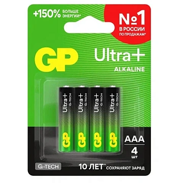 Батарейка Gp Ultra Plus AAA LR03, 1.5В, алкалиновая, 4шт/уп