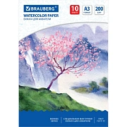 Бумага для акварели БОЛЬШАЯ А3, 10 л., 200 г/м2, 297х420 мм, BRAUBERG, 'Сакура', 125224