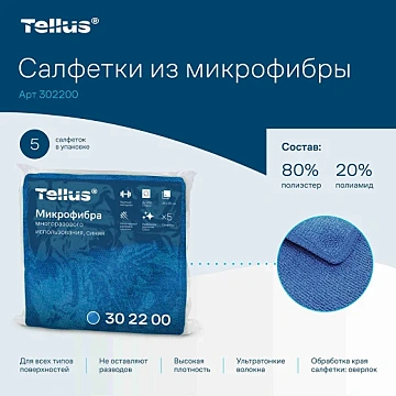 Салфетка хозяйственная Tellus 302200 синяя, 22.5х26.5см, 5шт/уп, микрофибра