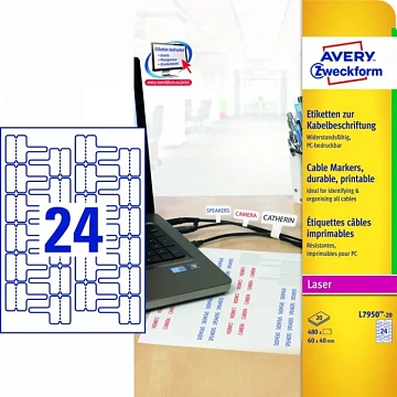 Этикетки для кабелей и проводов Avery Zweckform L7950-20, белые, 60х40мм, 24шт на листе А4, 20 листов