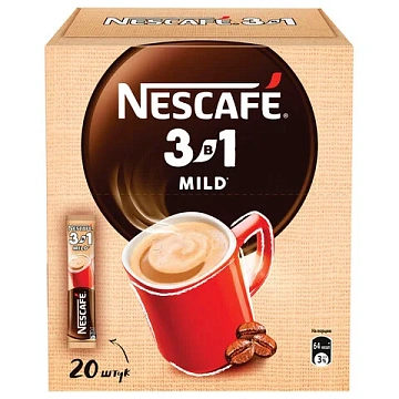 Кофе растворимый порционный NESCAFE '3 в 1 Мягкий', КОМПЛЕКТ 20 пакетиков по 14,5 г, 12460876