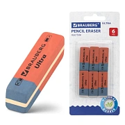 Ластики BRAUBERG 'Ultra' 6 шт., размер ластика 41х14х8 мм, красно-синие, натуральный каучук, 229599.