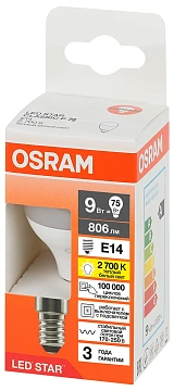 Лампа светодиодная Osram E14 9Вт шар теплый белый