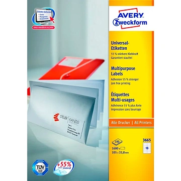 Этикетки самоклеящиеся Avery Zweckform 3665, белые, 105x33.8мм, 16шт на листе А4, 100 листов