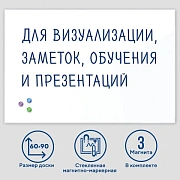 Доска магнитно-маркерная стеклянная 60х90 см, 3 магнита, БЕЛАЯ, BRAUBERG, 236747