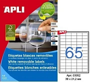 Этикетки APLI, А4, 30х21,2, 65шт/л, 100л, прямоуг., белые