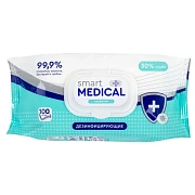 Дезинфицирующие салфетки спиртовые 100 штук, SMART MEDICAL, крышка-клапан, 72029