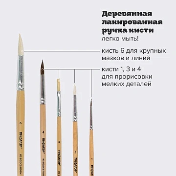 Кисти ПИФАГОР, набор 5 шт. (ПОНИ: круглые № 1, 4; КОЗА: круглые № 3, 6; ЩЕТИНА: плоская № 4), пакет