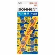 Батарейки алкалиновые 'таблетка' КОМПЛЕКТ 10 шт., SONNEN Alkaline 189A (G10, LR54), в блистере, 457136