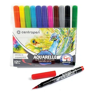 Маркеры-кисти акварельные 12 ЦВЕТОВ CENTROPEN 'Aquarelle', линия письма 1-9 мм, 8683/12ET, 6 8683 1201