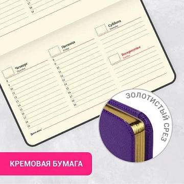 Еженедельник недатированный МАЛЫЙ ФОРМАТ 95х155 мм, А6, BRAUBERG 'Iguana', под кожу, 64 л., сиреневый, 114482