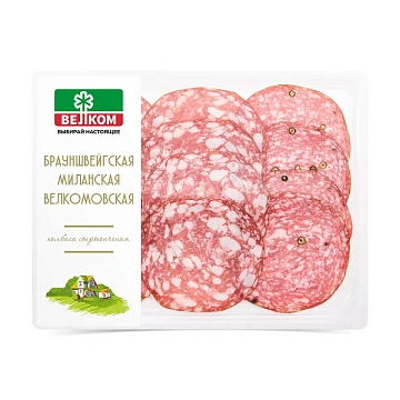 Колбаса Велком Брауншвейгская-миланская-велкомовская сырокопченая нарезка, 90г