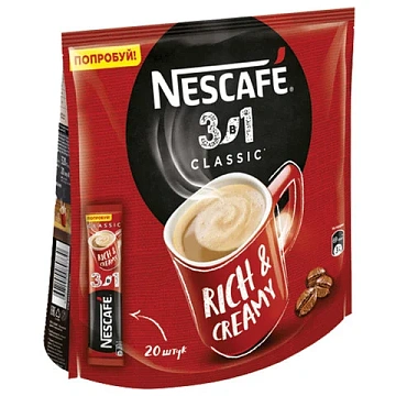 Кофе растворимый порционный NESCAFE '3 в 1 Классик', КОМПЛЕКТ 20 пакетиков по 14,5 г, 12460849