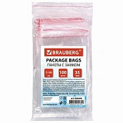 Пакеты с замком ZIP LOCK 'зиплок', комплект 100 шт., 70х100 мм, ПВД, толщина 35 микрон, BRAUBERG, 606208