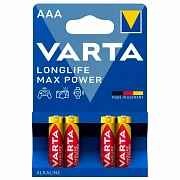 Батарейки алкалиновые 'мизинчиковые' КОМПЛЕКТ 4 шт., VARTA LONGLIFE MAX POWER, ААА (LR03,15А), блистер, 4703101404