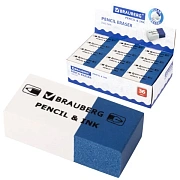 Ластик BRAUBERG 'PENCIL & INK', 39х18х12 мм, для ручки и карандаша, бело-синий, 229578