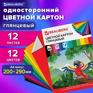 Картон цветной А4 МЕЛОВАННЫЙ (глянцевый), 12 листов 12 цветов, в папке, BRAUBERG, 200х290 мм, 'Килим