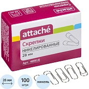Скрепки Attache никелированные, 28 мм, негофрированные, 100 шт/уп