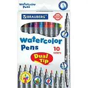 Фломастеры двусторонние BRAUBERG 'PREMIUM' 'DUAL-TIP', 10 шт., 10 цветов, два наконечника, картонная коробка с европодвесом, 151946