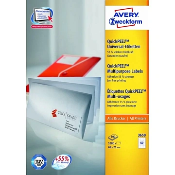 Этикетки самоклеящиеся Avery Zweckform 3650, белые, 48х21мм, 52шт на листе А4, 100 листов