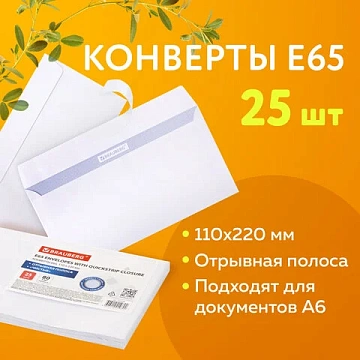 Конверты Е65 (110х220 мм), отрывная лента, 80 г/м2, КОМПЛЕКТ 25 шт., внутренняя запечатка, BRAUBERG,