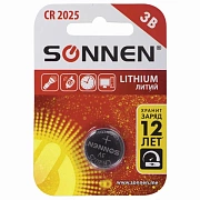 Батарейка литиевая SONNEN Lithium CR2025 'таблетка, дисковая, кнопочная' 1 шт., блистер, 451973