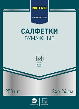 Салфетки бумажные Metro Professional 24x24см, 250шт, 2 слоя, черные