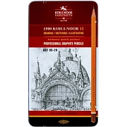 Карандаши чернографитные KOH-I-NOOR, НАБОР 12 шт., 'Art', 8В-2H, без резинки, металлическая коробка,