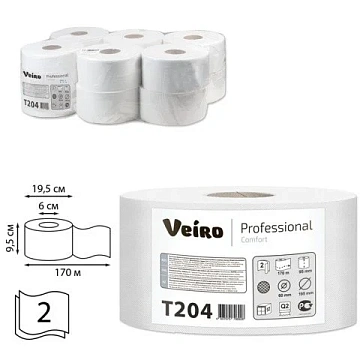 Бумага туалетная 170 м, VEIRO Professional (Система T2), КОМПЛЕКТ 12 шт., Comfort, 2-слойная, T204